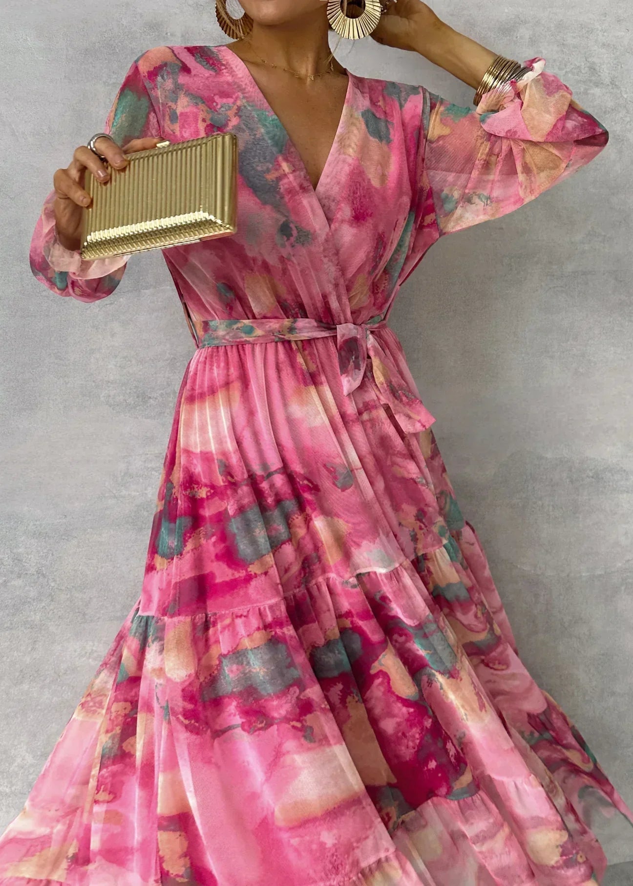 Women's Floral Wrap Dress with Long Sleeves | Maxi