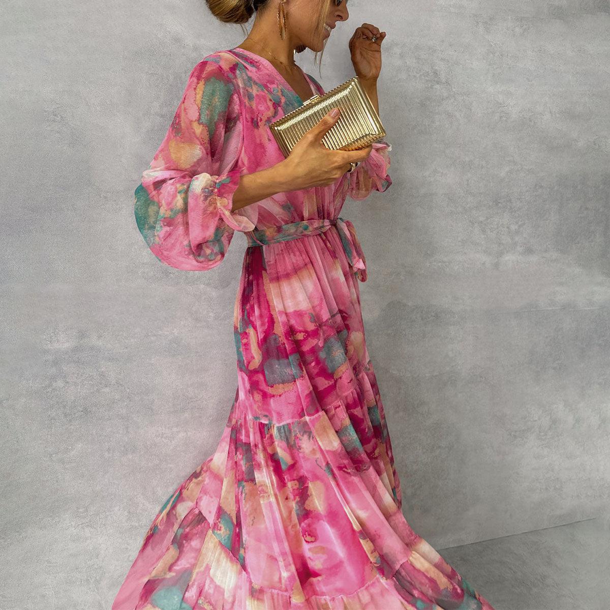 Women's Floral Wrap Dress with Long Sleeves | Maxi