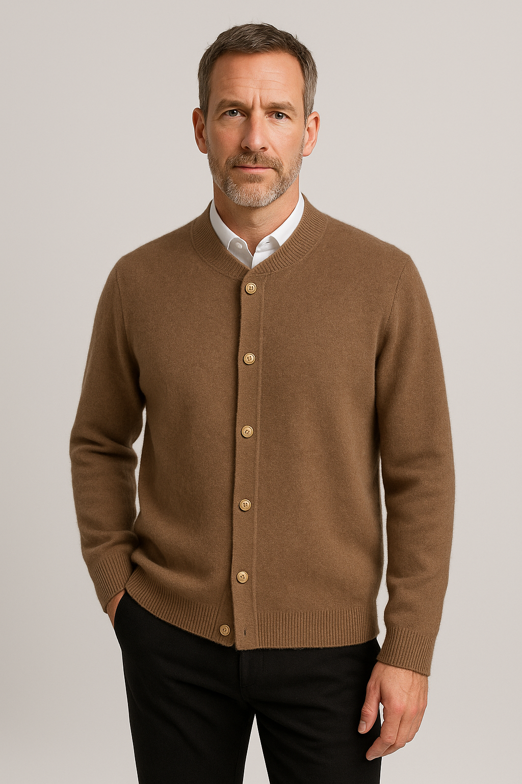 Men's Classic Button-Up Wool Blend Cardigan – Soft Knit Crew Neck Sweater