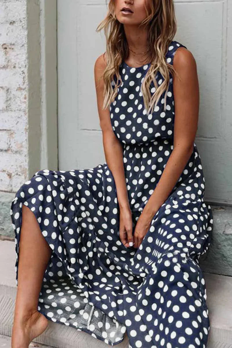 Women's Sleeveless Polka Dot Maxi Dress | Relaxed Fit