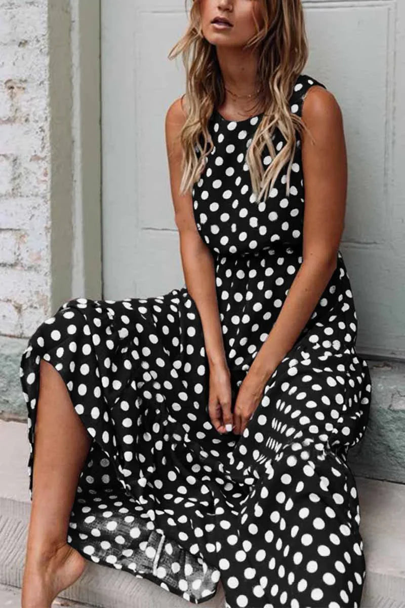 Women's Sleeveless Polka Dot Maxi Dress | Relaxed Fit