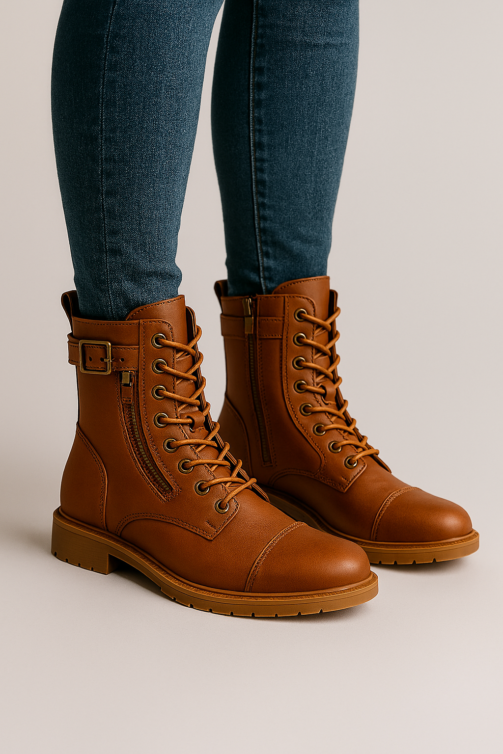 Brown leather boots worn with blue jeans on a neutral background
