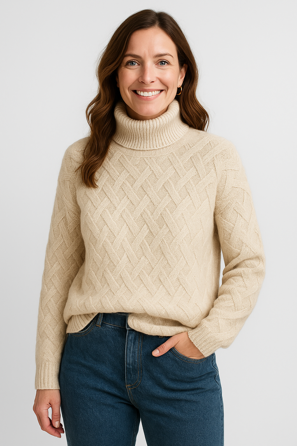 Woman wearing a beige cable knit sweater and blue jeans on a white background