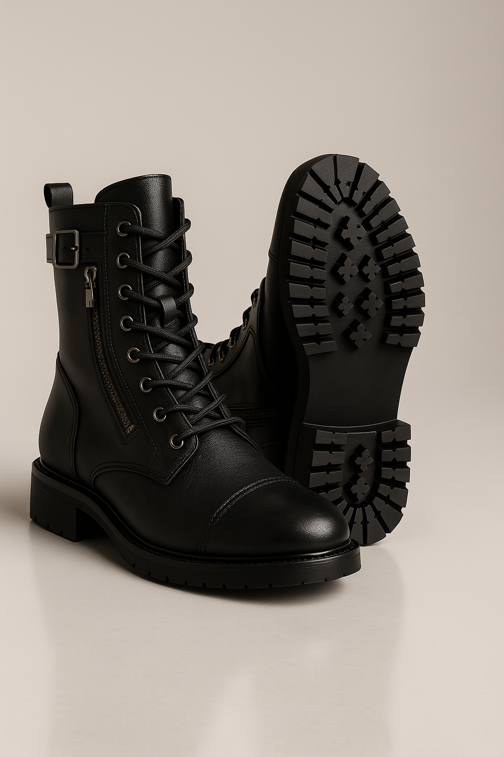 Brown leather boots worn with blue jeans on a neutral background