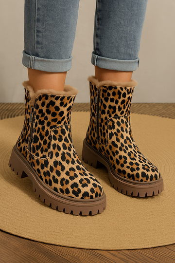 Leopard Print Faux Fur Lined Ankle Boots for Women
