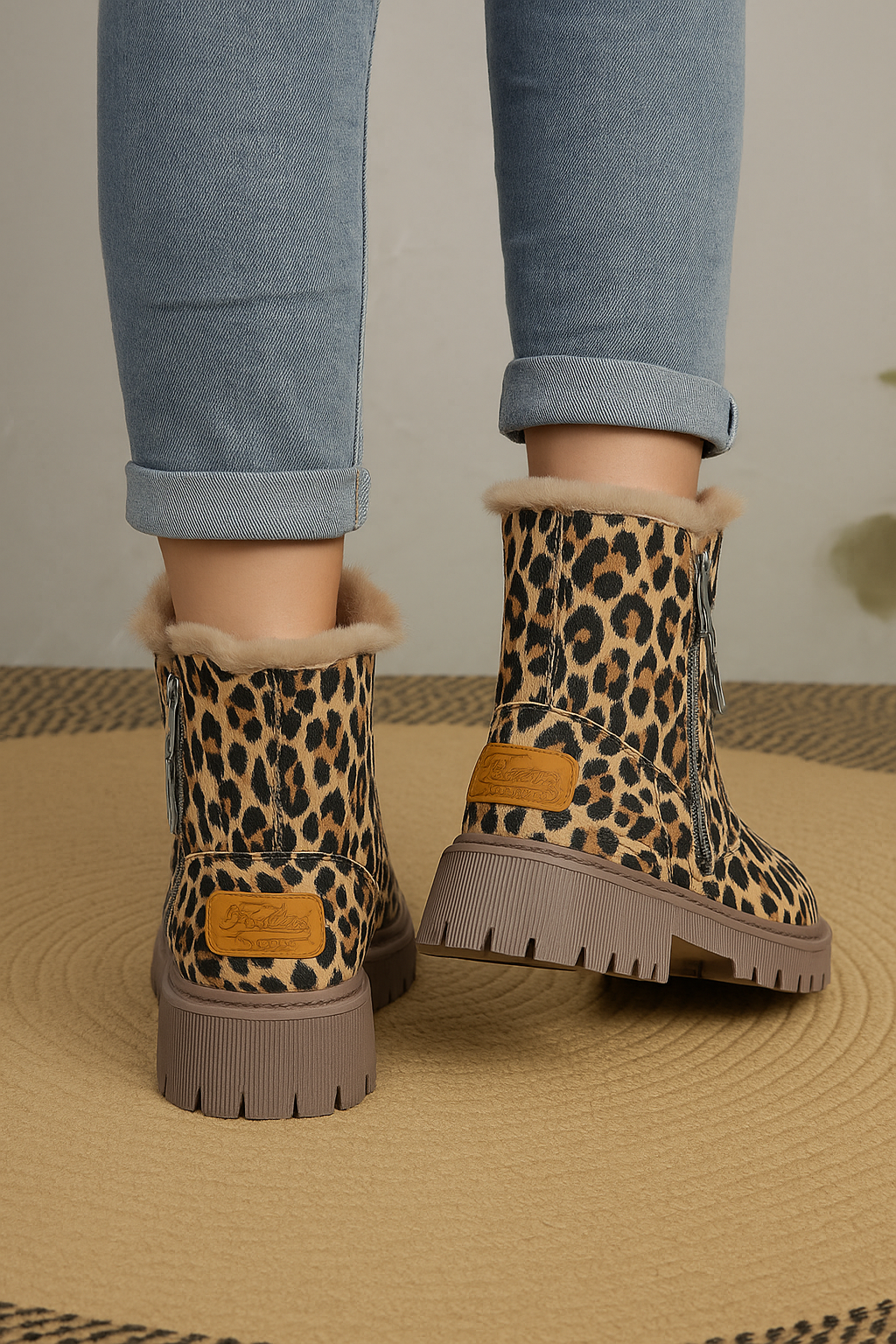Leopard Print Faux Fur Lined Ankle Boots for Women
