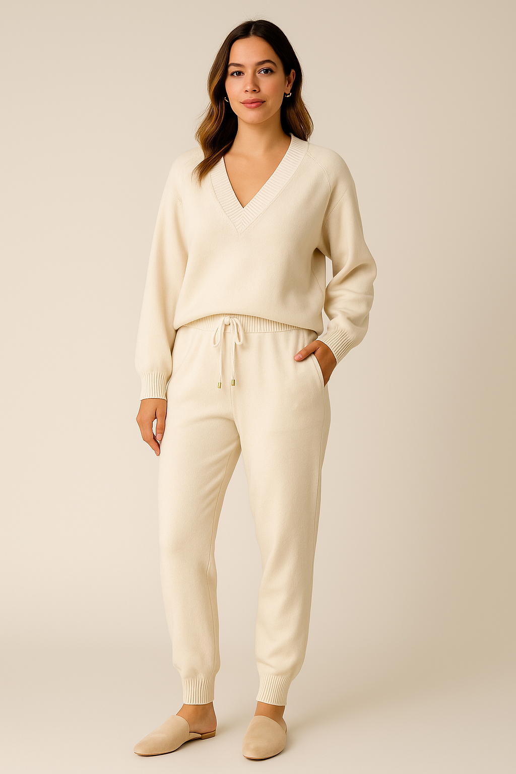 Knit V-Neck Loungewear Set for Women