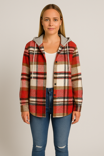 Plaid Hooded Button-Up Jacket for Women