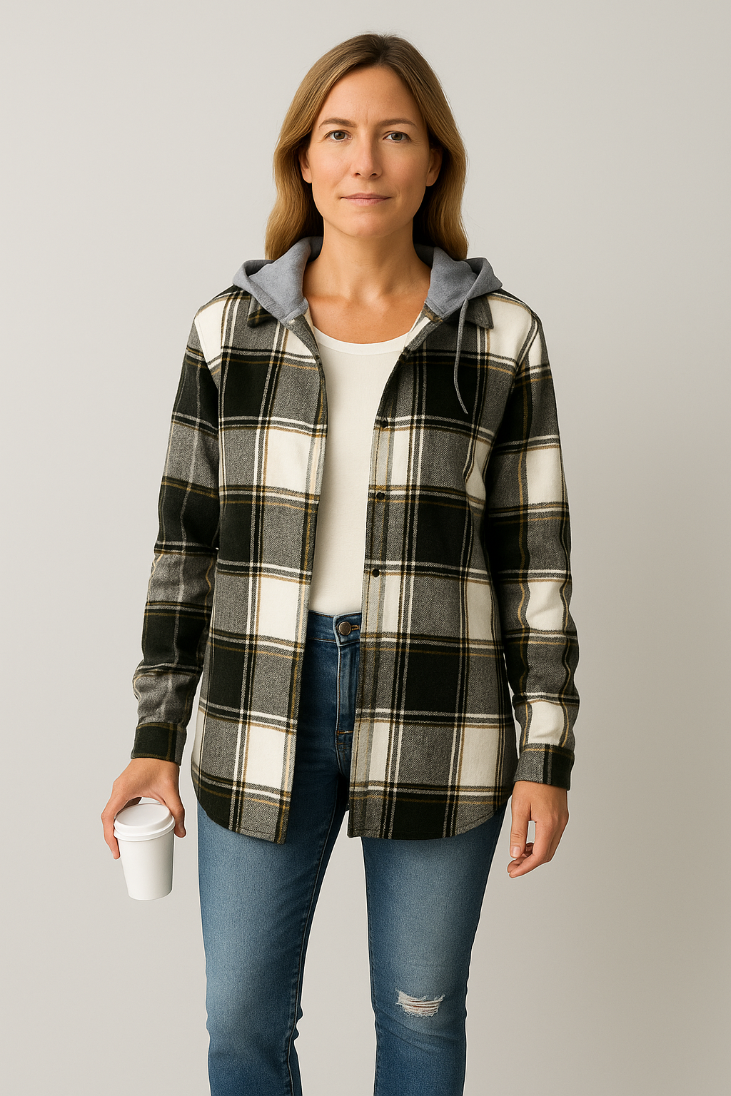 Plaid Hooded Button-Up Jacket for Women