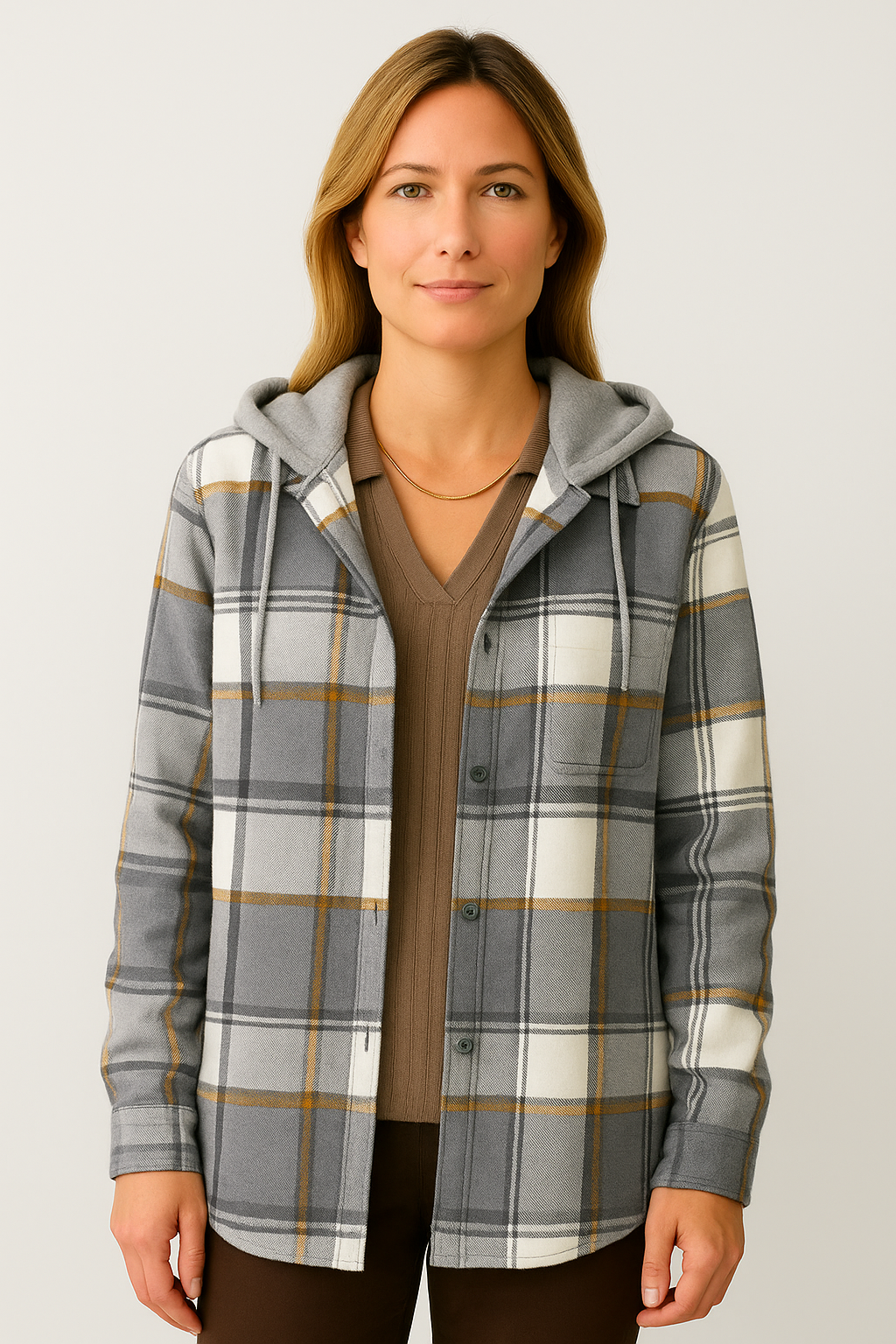Plaid Hooded Button-Up Jacket for Women