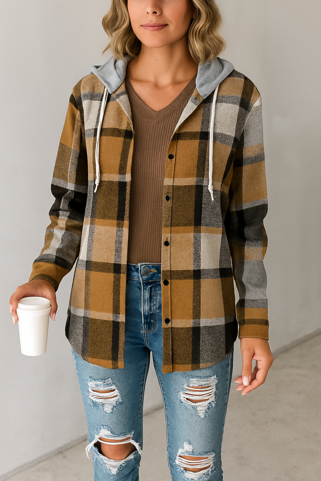 Plaid Hooded Button-Up Jacket for Women