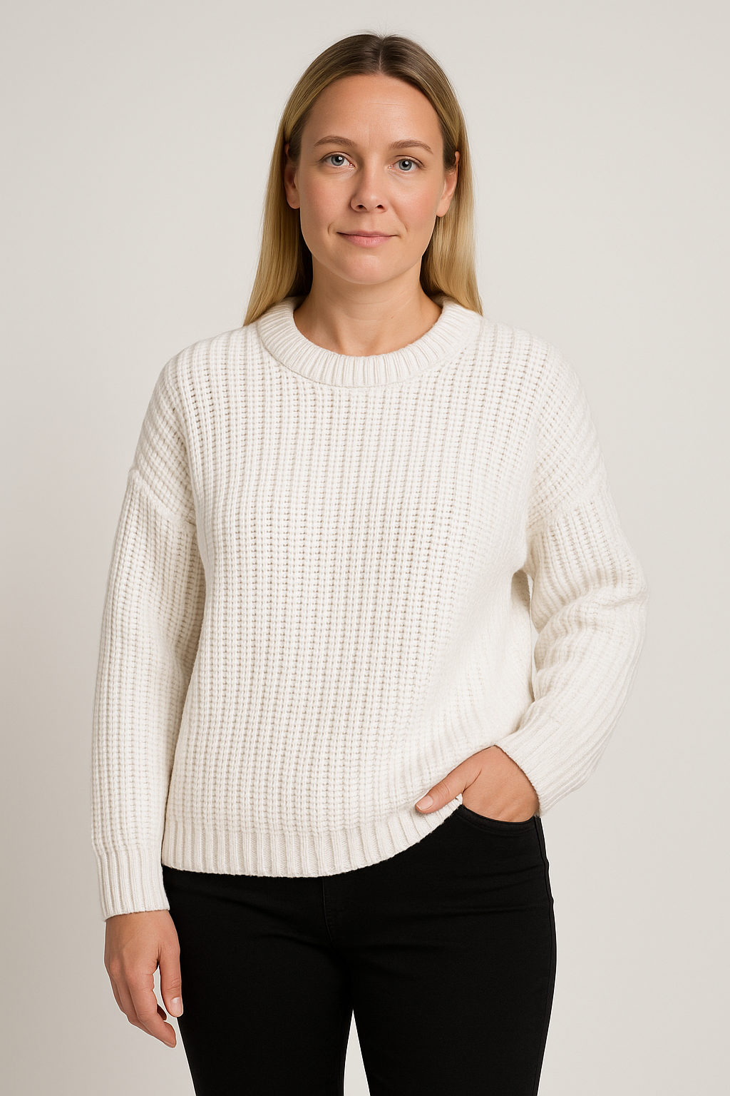 Waffle Knit Crew Neck Sweater for Women