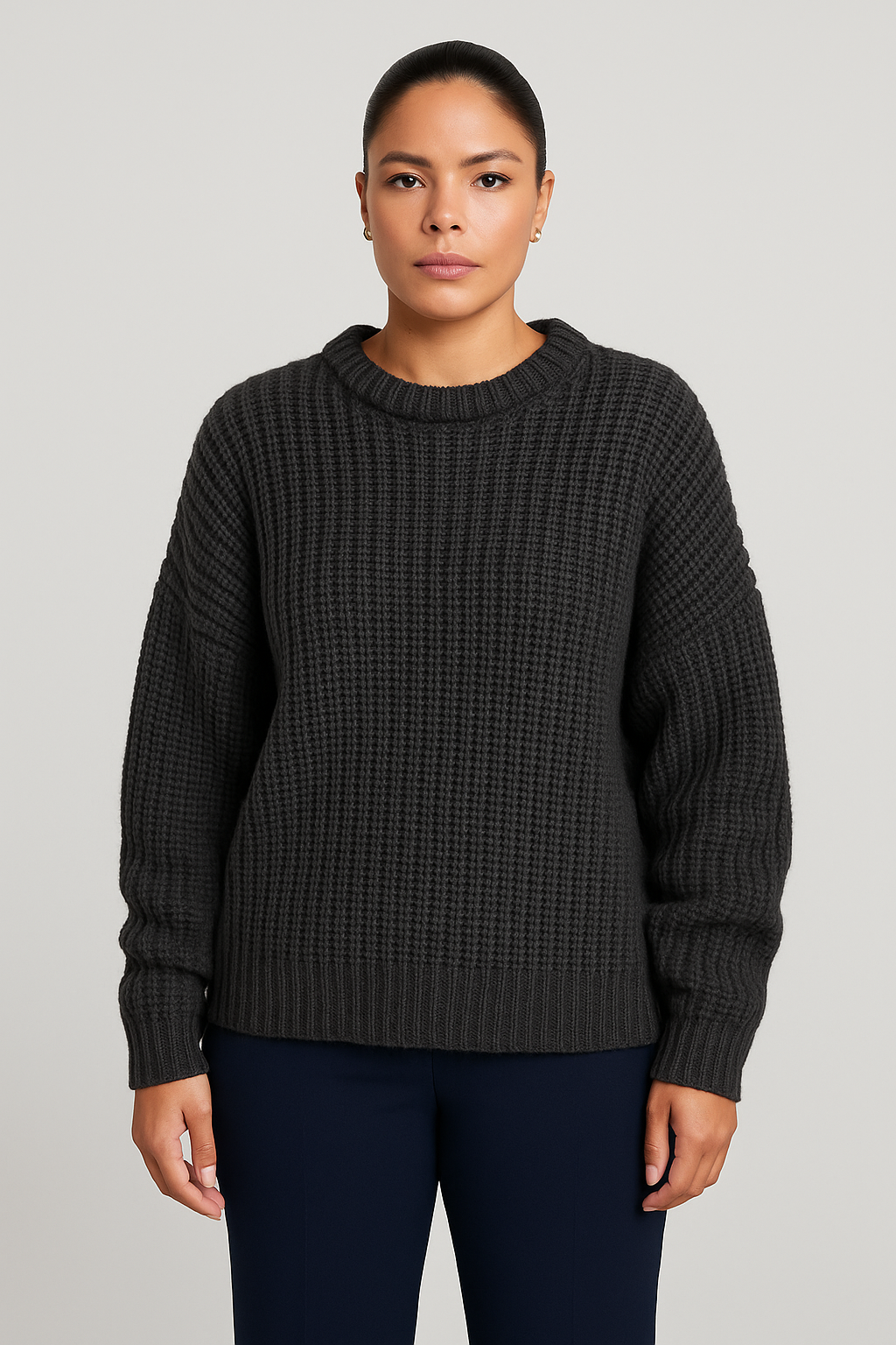 Waffle Knit Crew Neck Sweater for Women