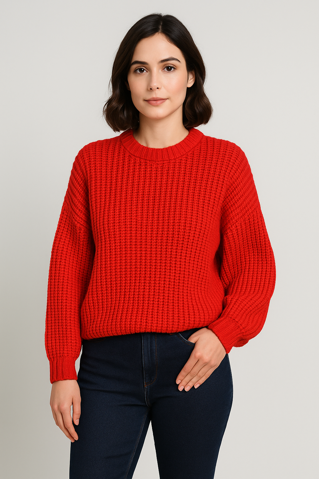 Waffle Knit Crew Neck Sweater for Women