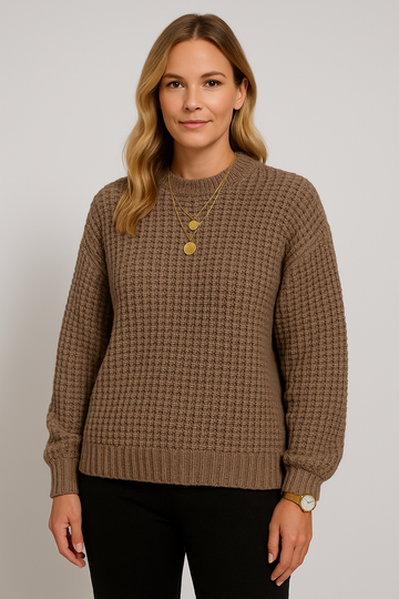 Waffle Knit Crew Neck Sweater for Women