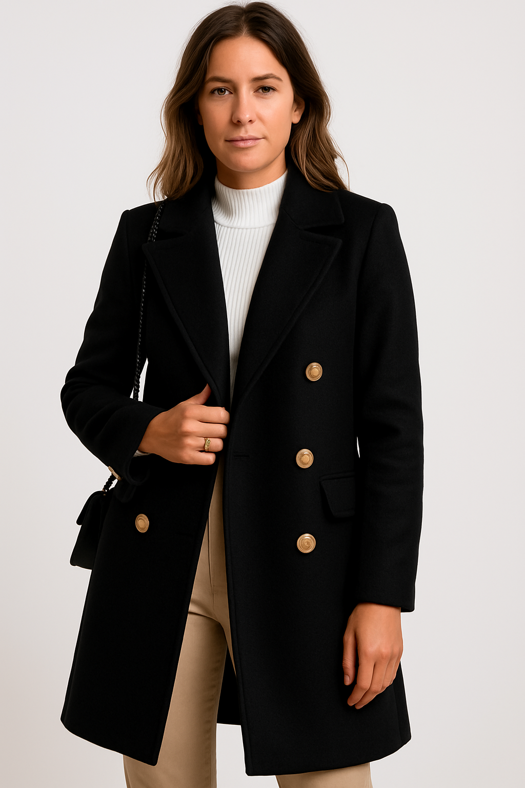 Structured Wool-Blend Peacoat with Gold Buttons for Women