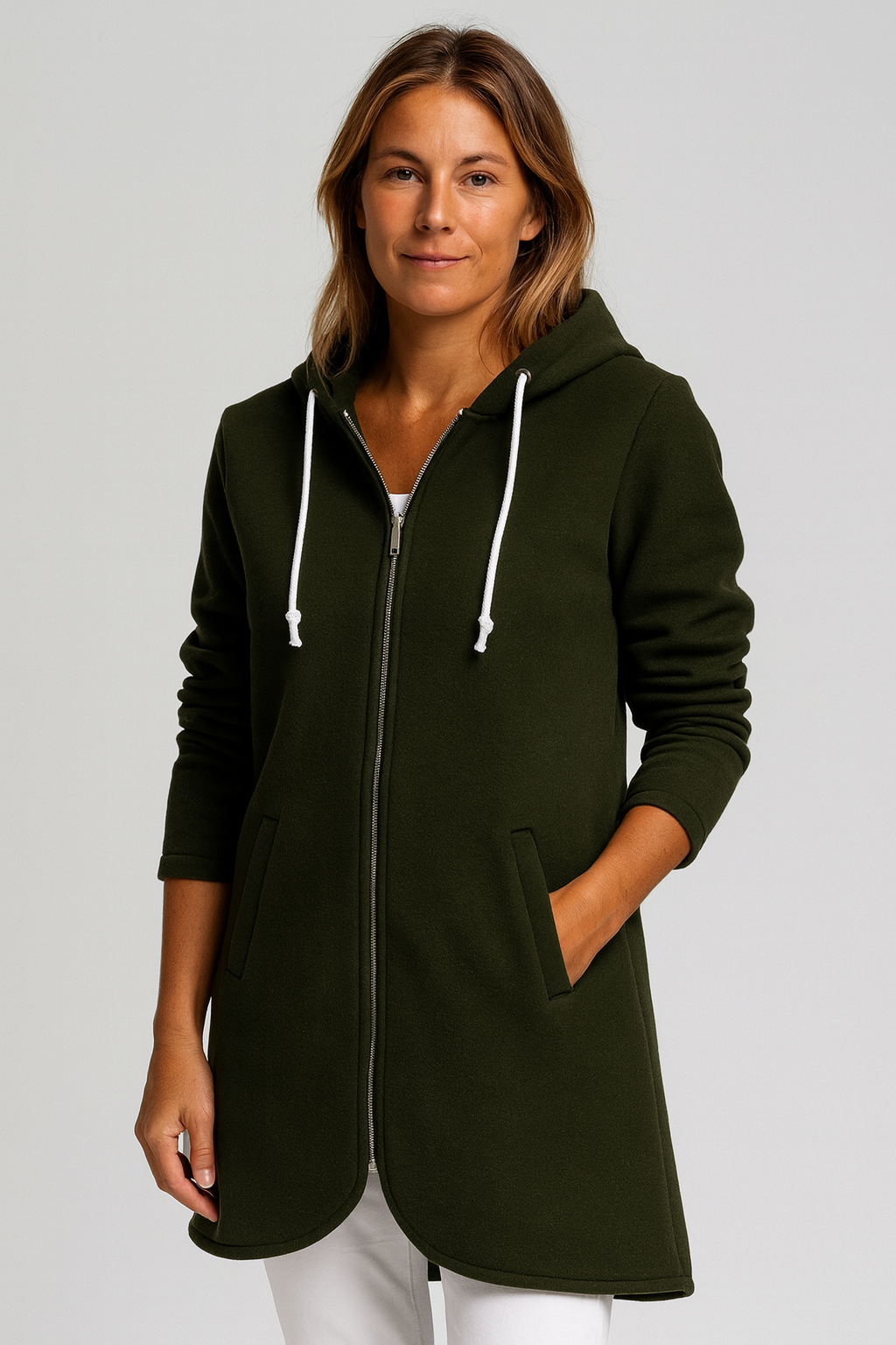 Fleece Zip-Up Hoodie Vest with Curved Hem for Women