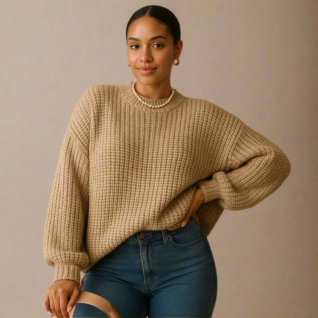 Waffle Knit Crew Neck Sweater for Women