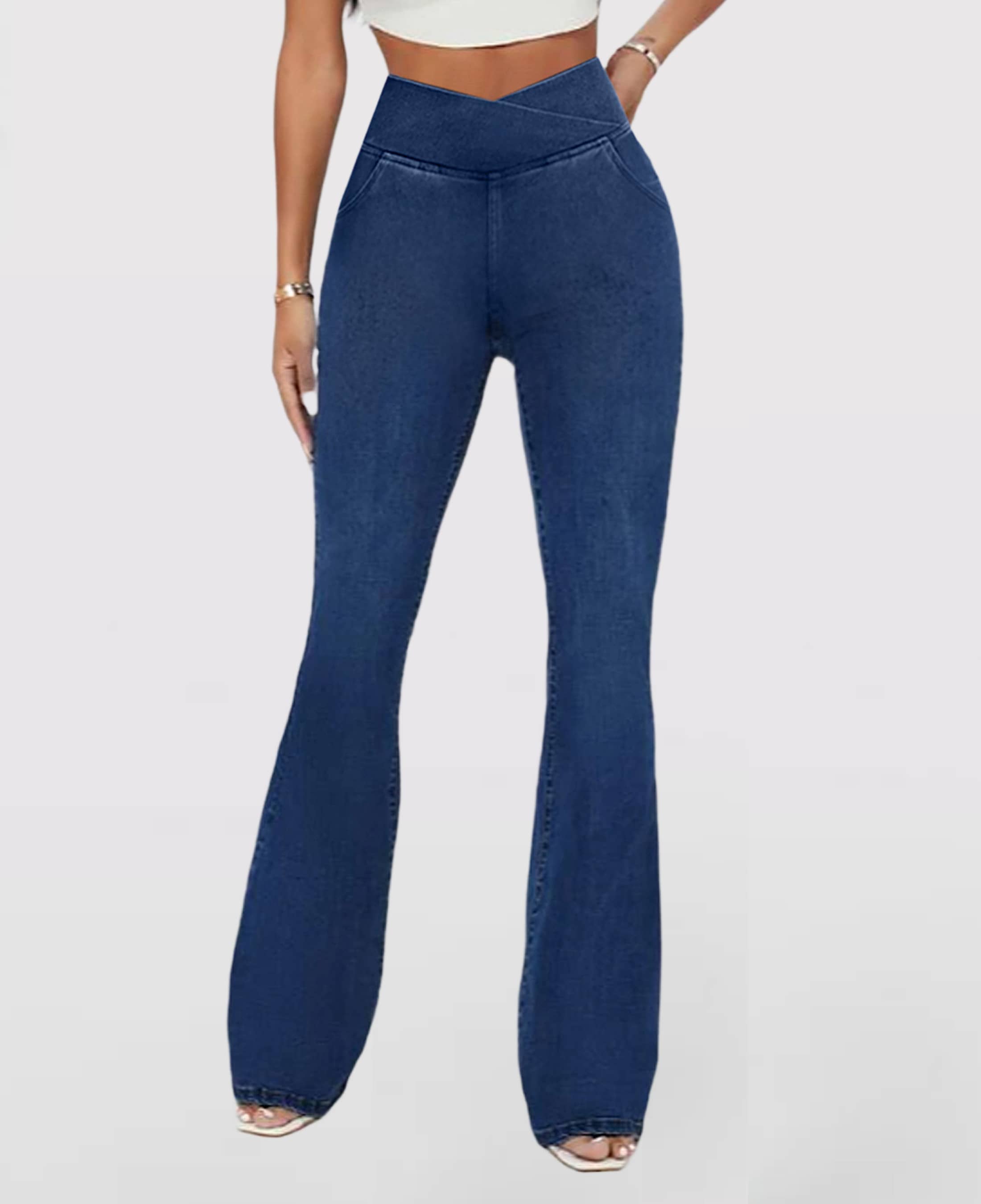 Crossover Waist Flared Denim Pants for Women