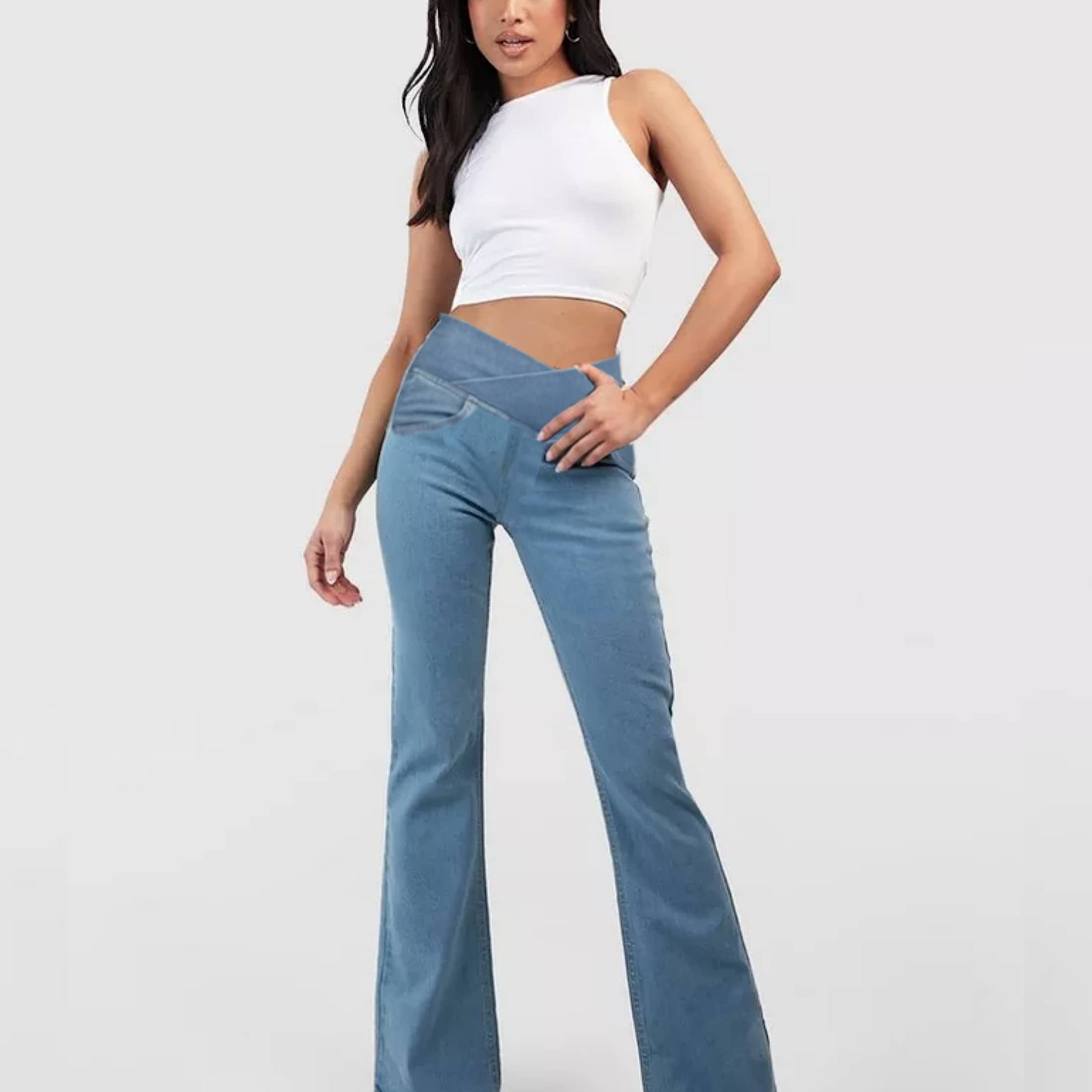 Crossover Waist Flared Denim Pants for Women