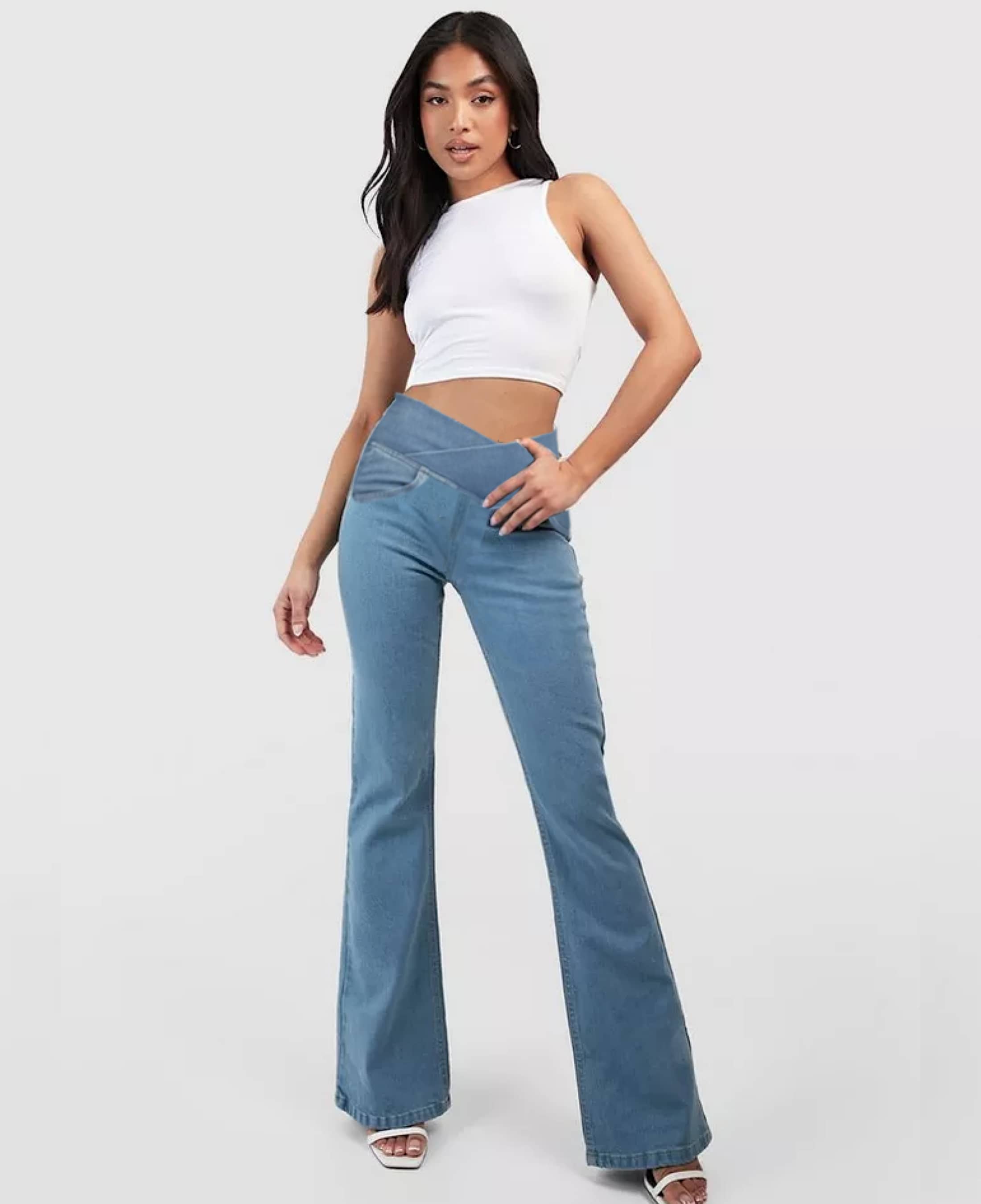 Crossover Waist Flared Denim Pants for Women