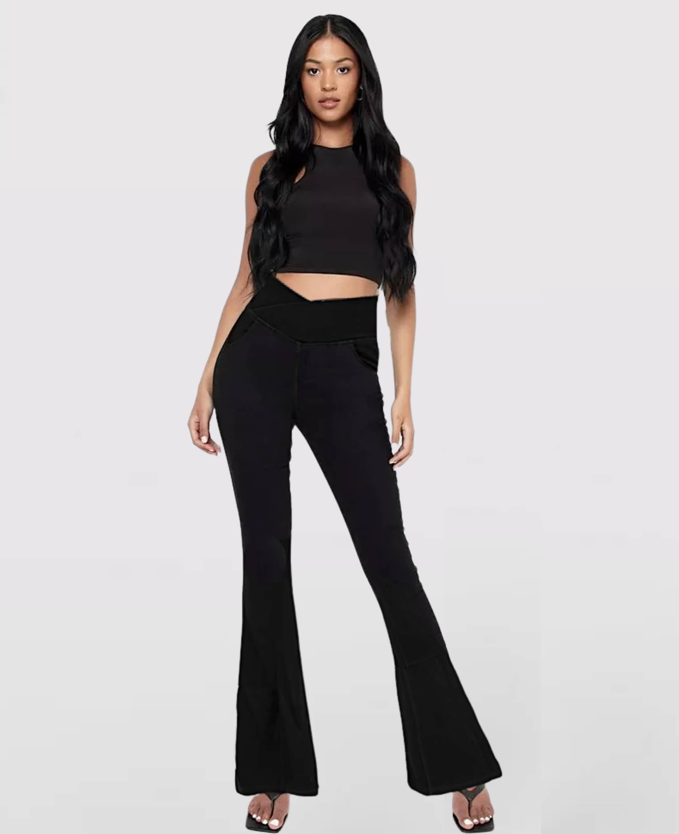 Crossover Waist Flared Denim Pants for Women