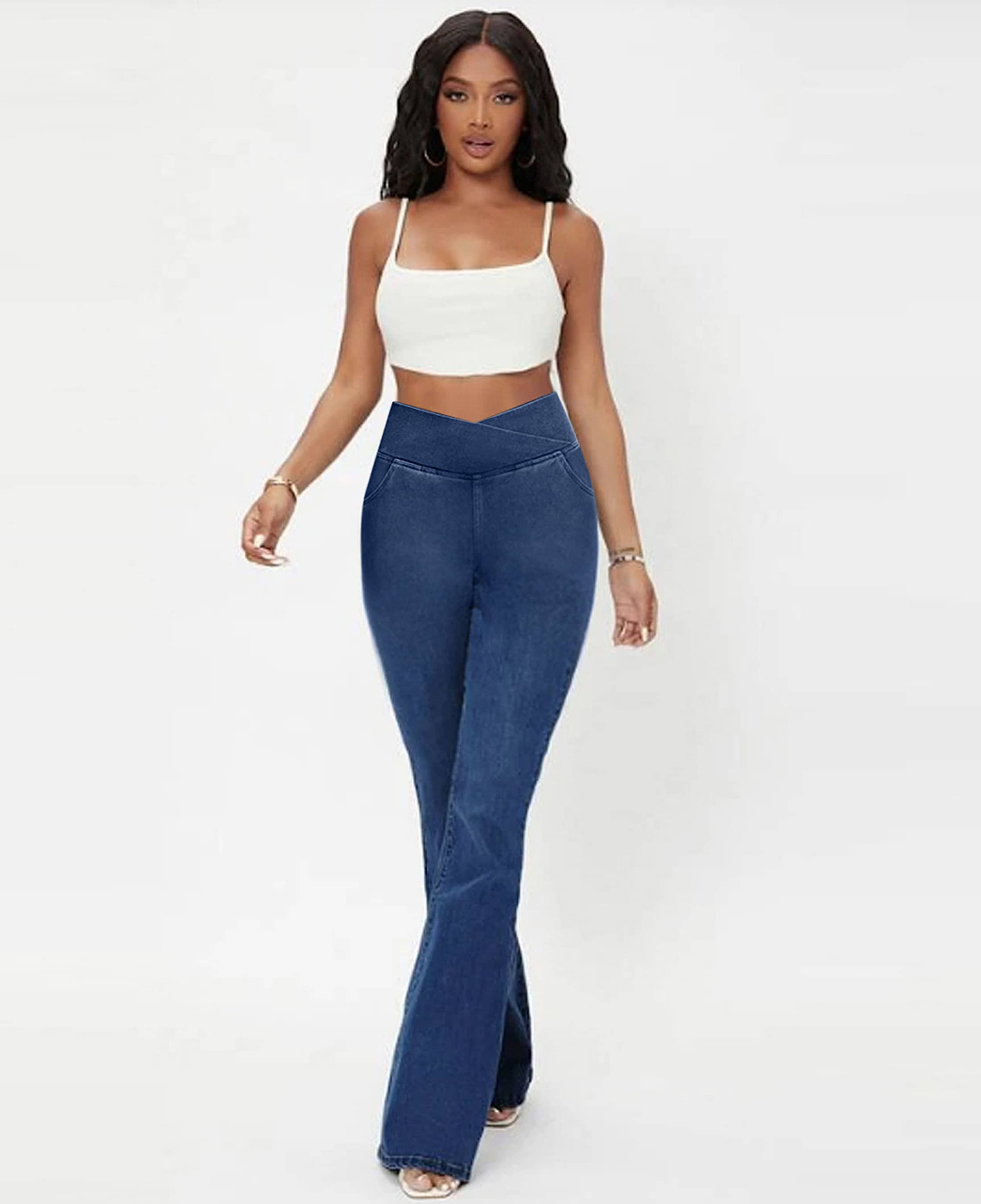 Crossover Waist Flared Denim Pants for Women