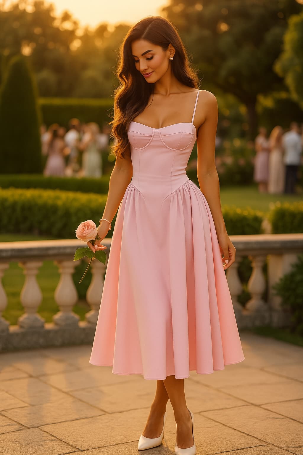 Pink Wedding Guest Dress for Women | Corset Bodice A-Line Midi