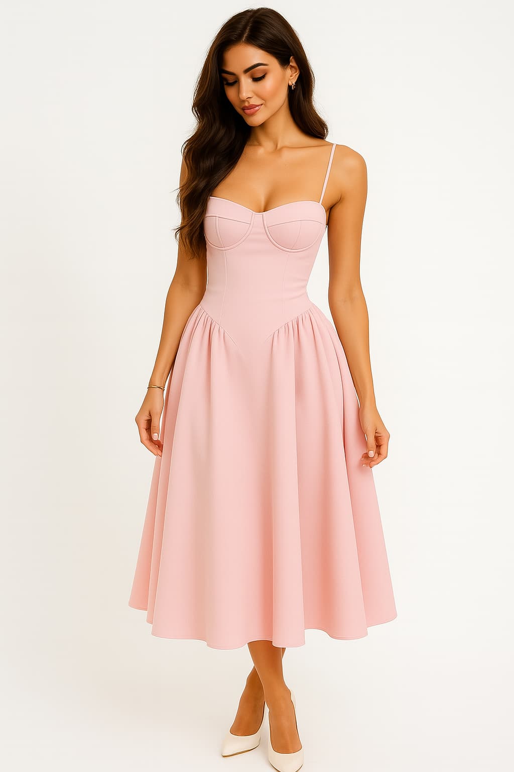 Pink Wedding Guest Dress for Women | Corset Bodice A-Line Midi