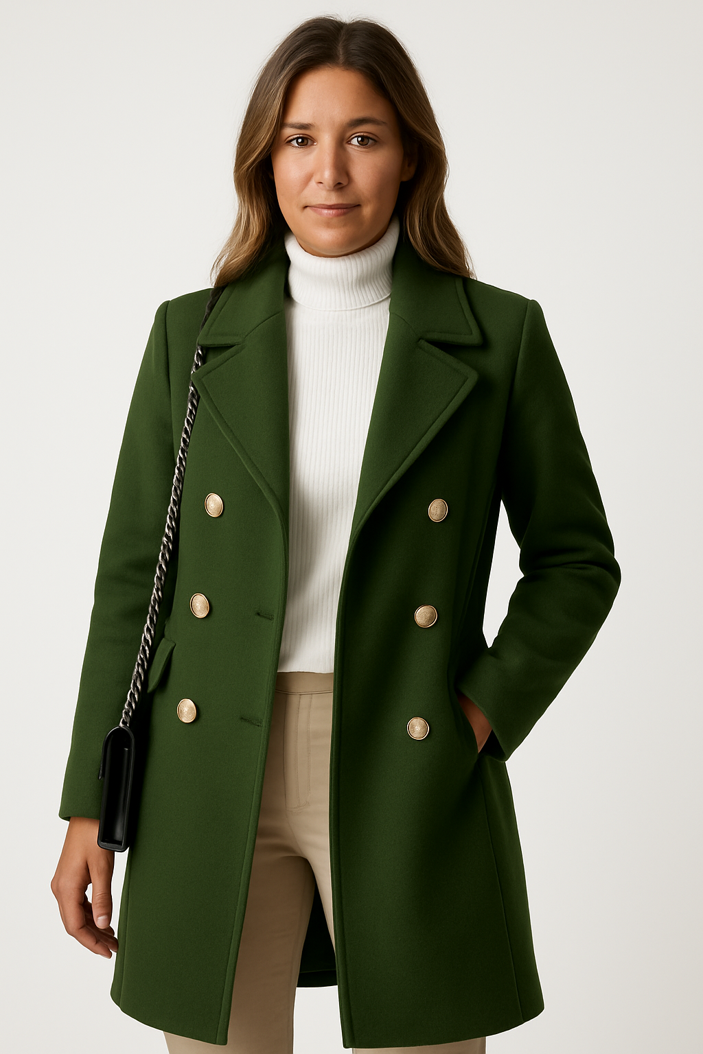 Woman wearing a green coat with a white background