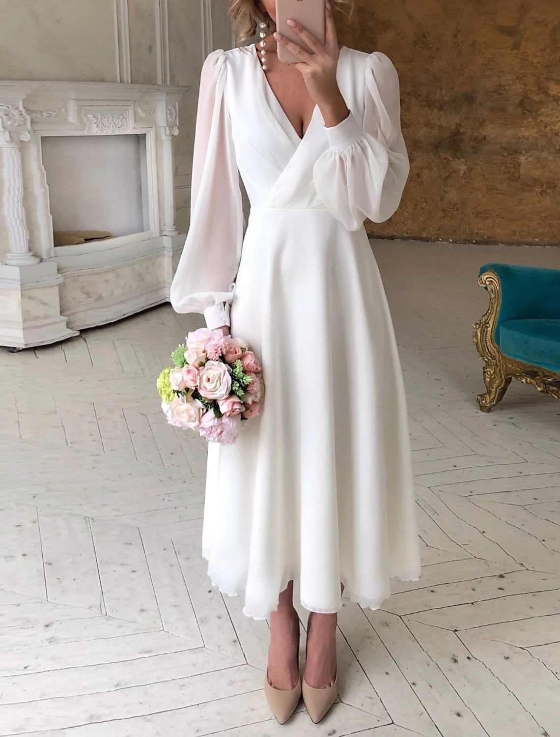 White Long Sleeve Wedding Maxi Dress | V-Neck Bridal