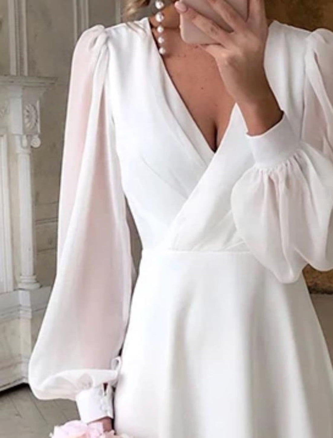 White Long Sleeve Wedding Maxi Dress | V-Neck Bridal