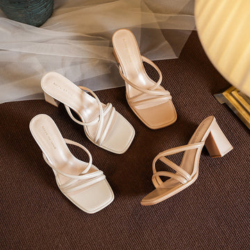 Women's Chunky Nude Heels | Strappy