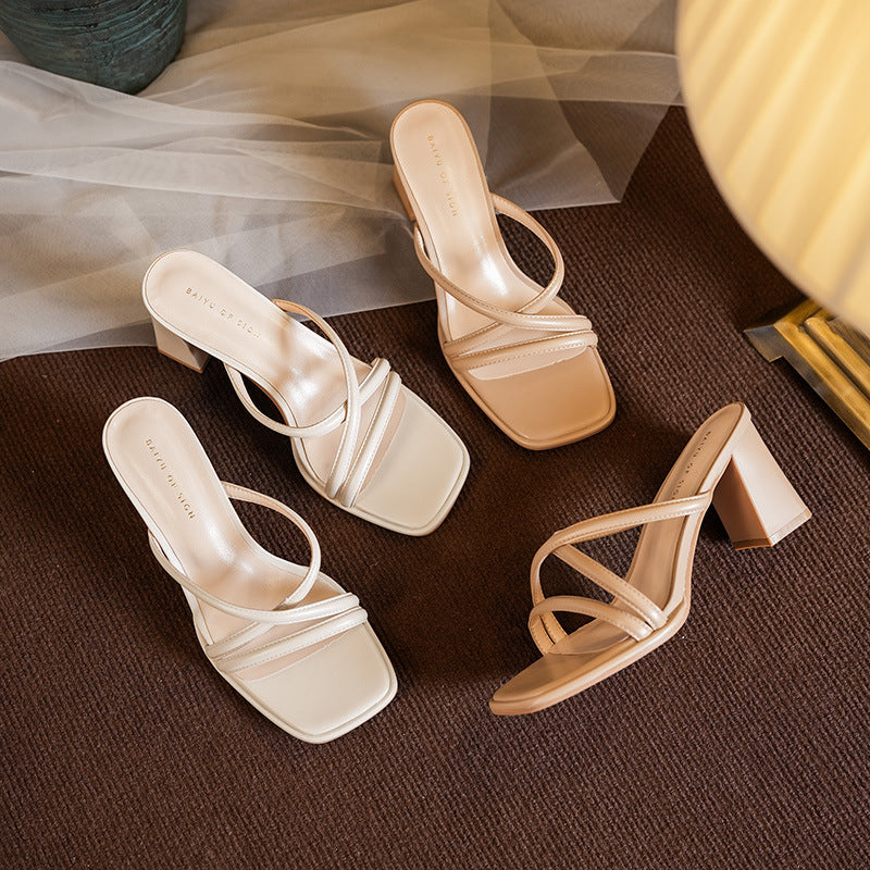Women's Chunky Nude Heels | Strappy