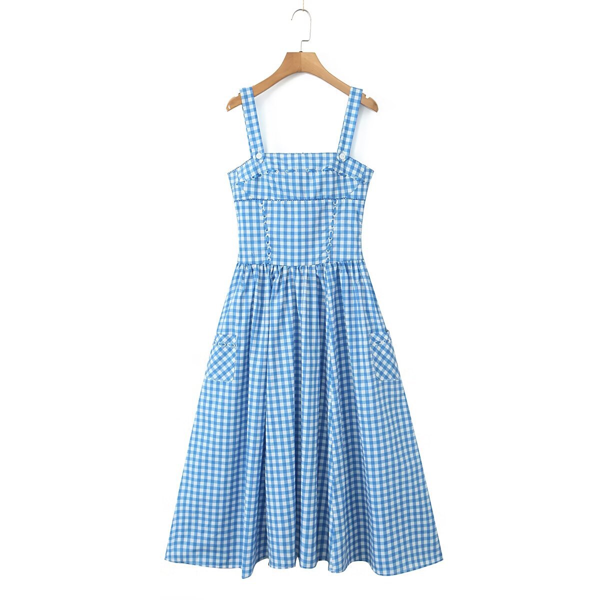 Women's Blue White Summer Gingham Dress | Midi