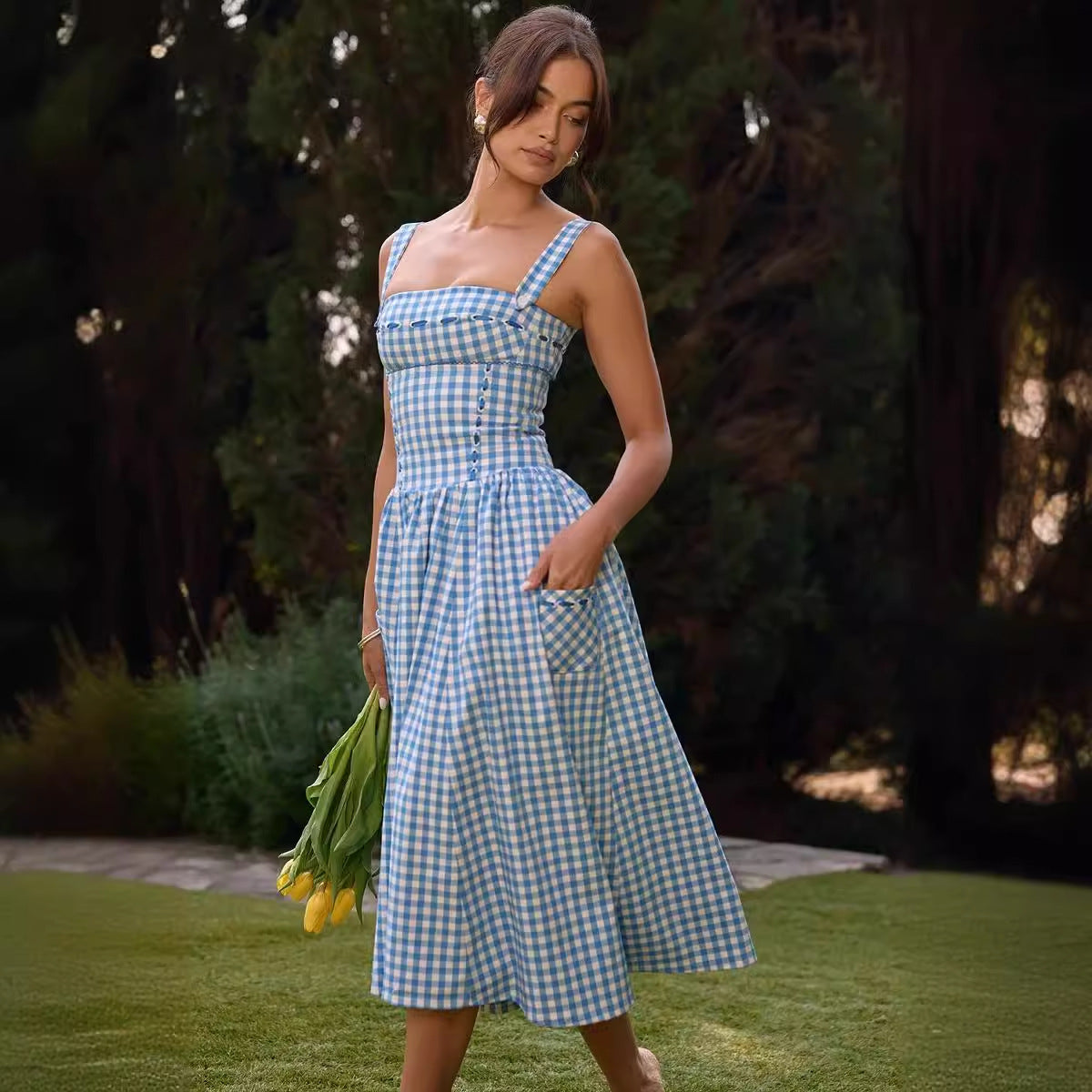 Women's Blue White Summer Gingham Dress | Midi