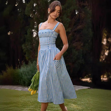 Women's Blue White Summer Gingham Dress | Midi