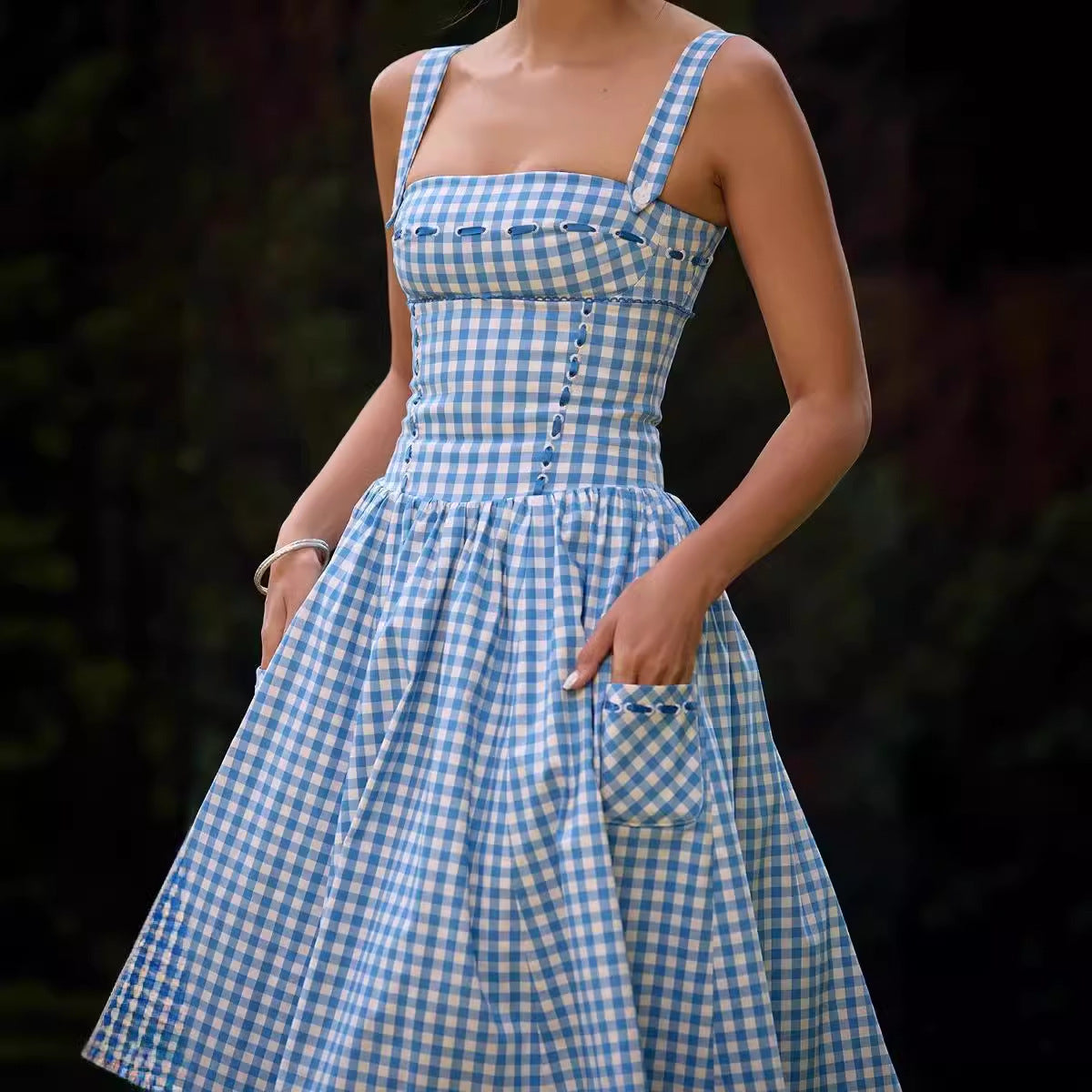 Women's Blue White Summer Gingham Dress | Midi