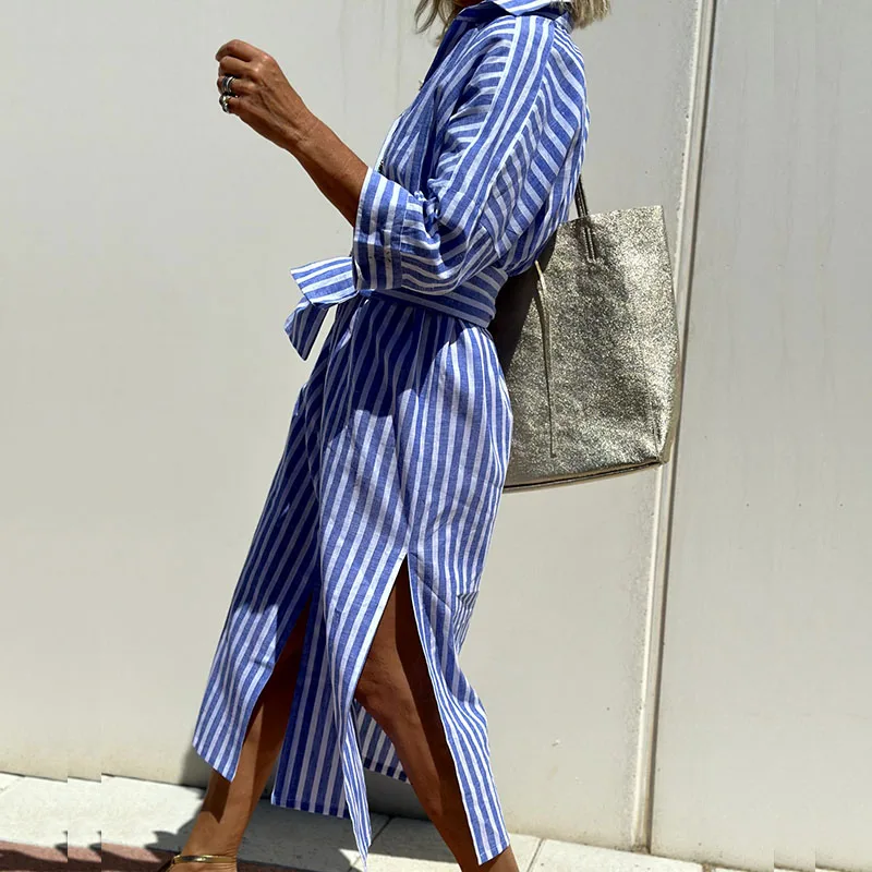Striped Long-Sleeved Shirt Dress for Women | Maxi