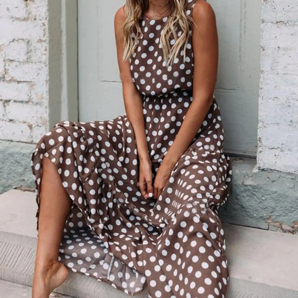 Women's Sleeveless Polka Dot Maxi Dress | Relaxed Fit
