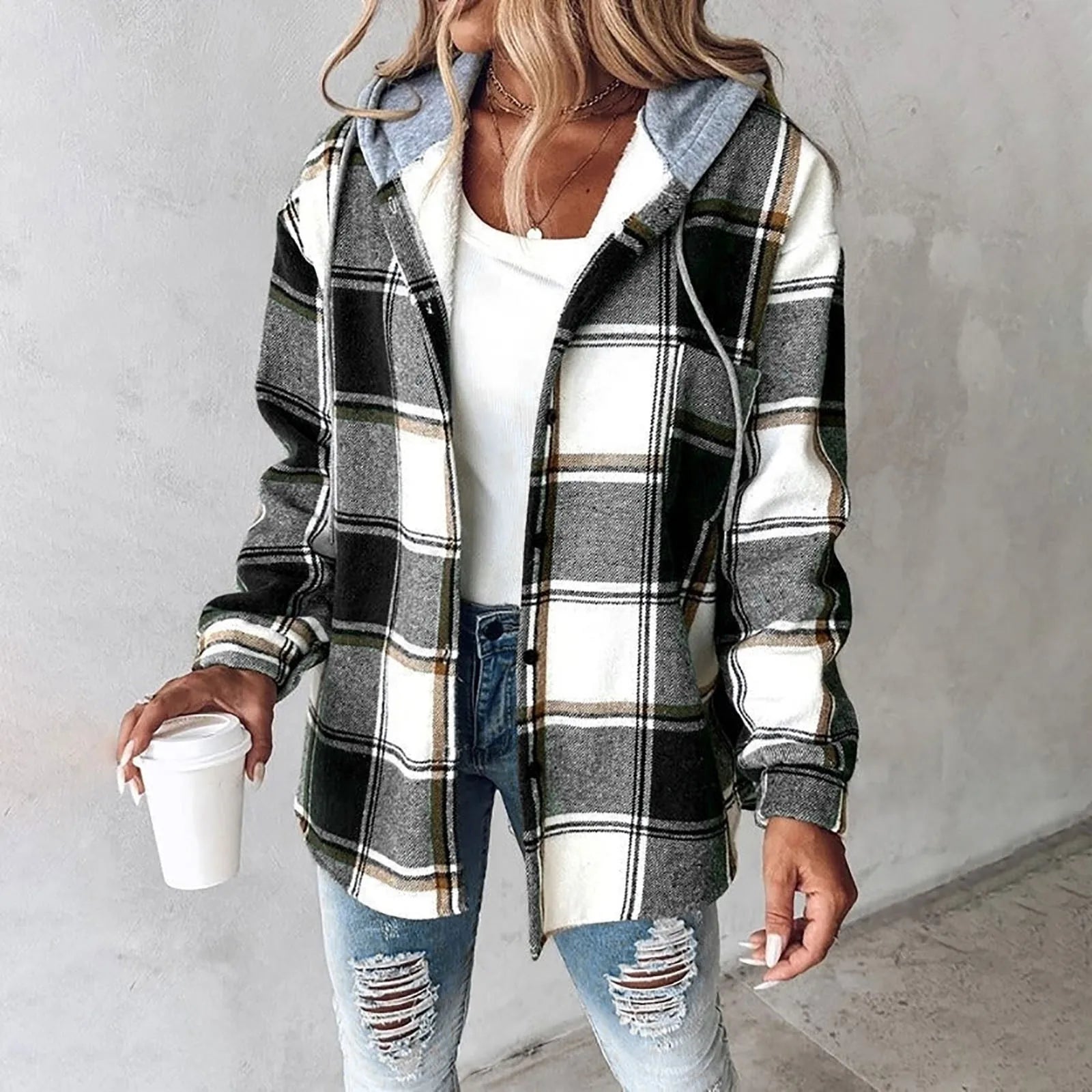 Plaid Hooded Button-Up Jacket for Women