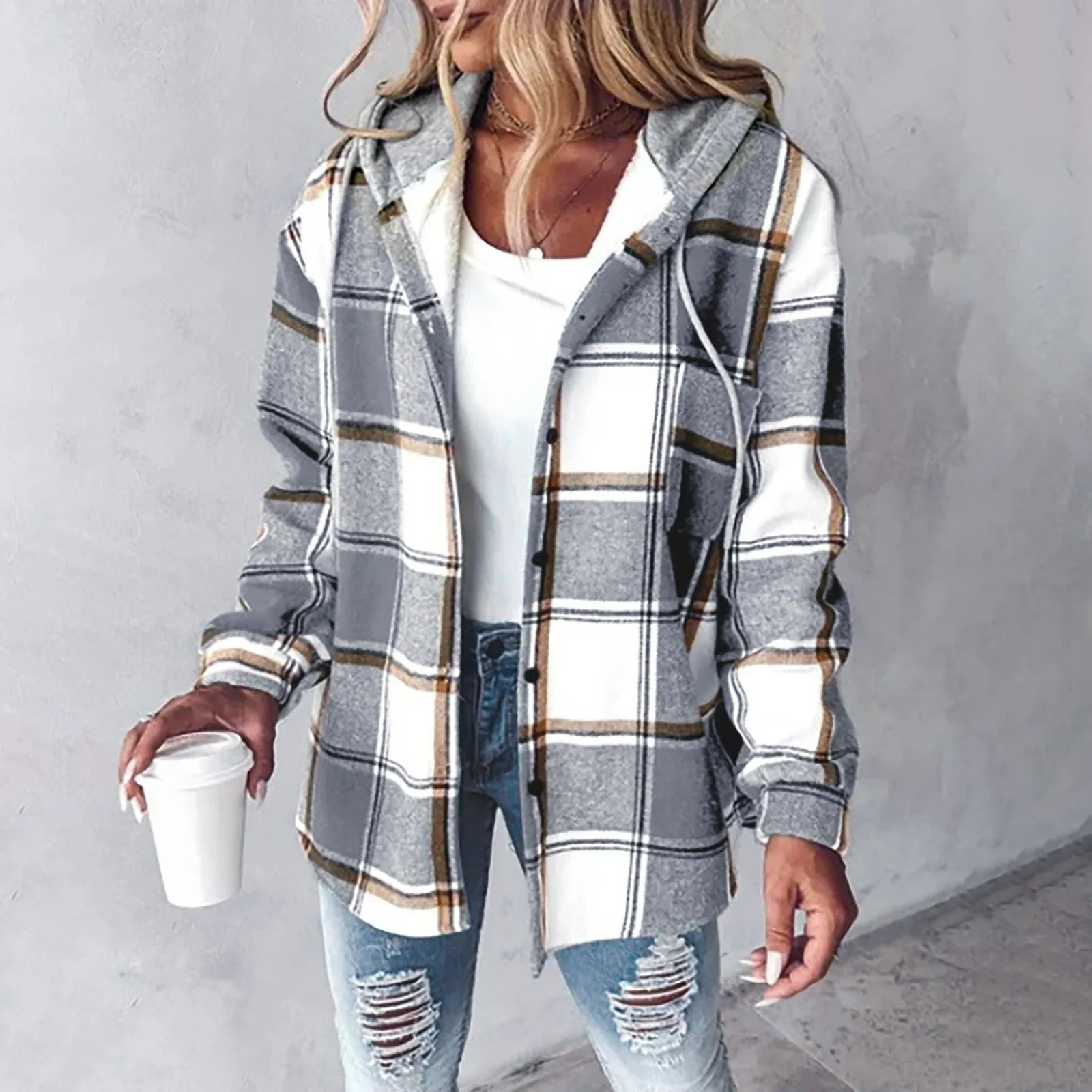 Plaid Hooded Button-Up Jacket for Women