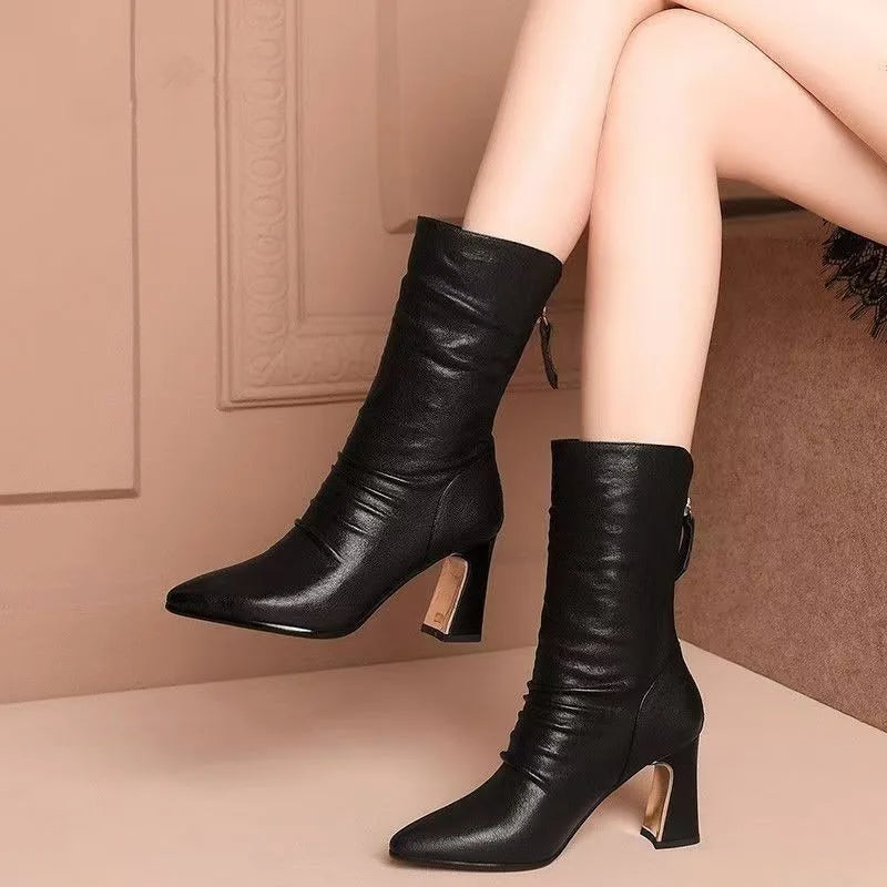 Pointed Toe Block Heel Ankle Boots for Women