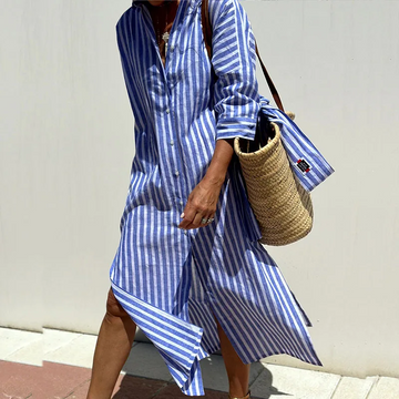 Striped Long-Sleeved Shirt Dress for Women | Maxi