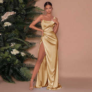 Women's One Shoulder Stylish High Slit Wedding Guest Dress | Maxi