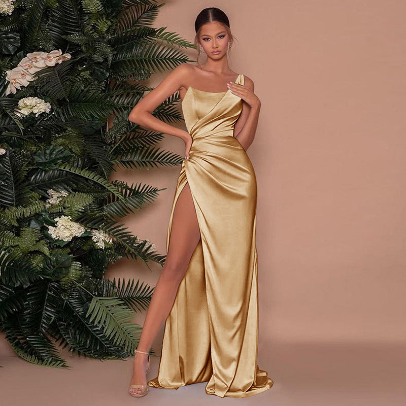 Women's One Shoulder Stylish High Slit Wedding Guest Dress | Maxi