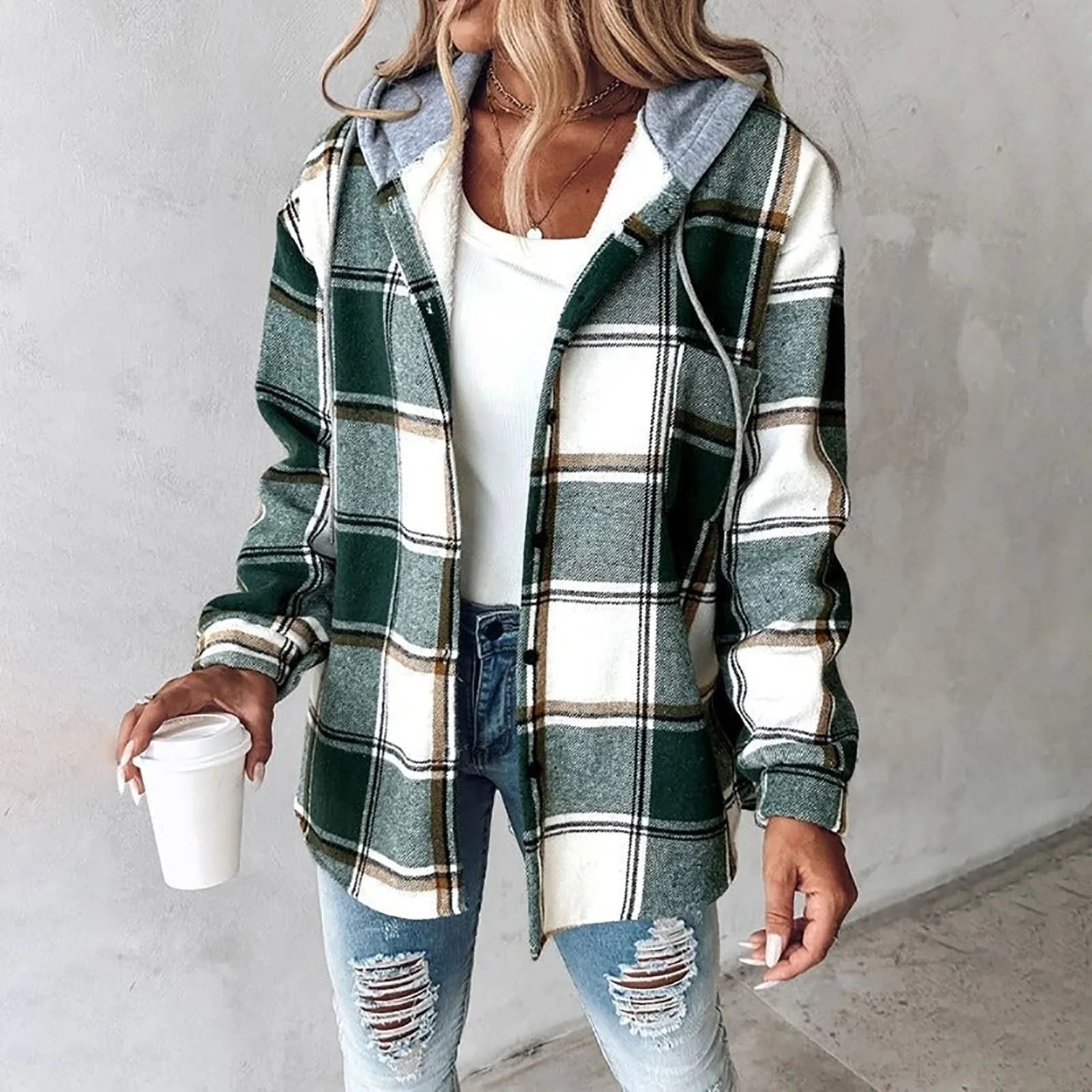 Plaid Hooded Button-Up Jacket for Women