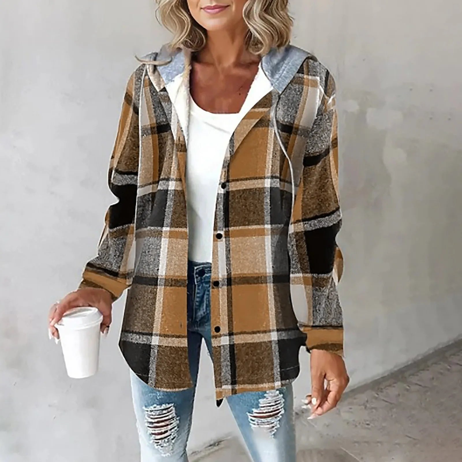Plaid Hooded Button-Up Jacket for Women