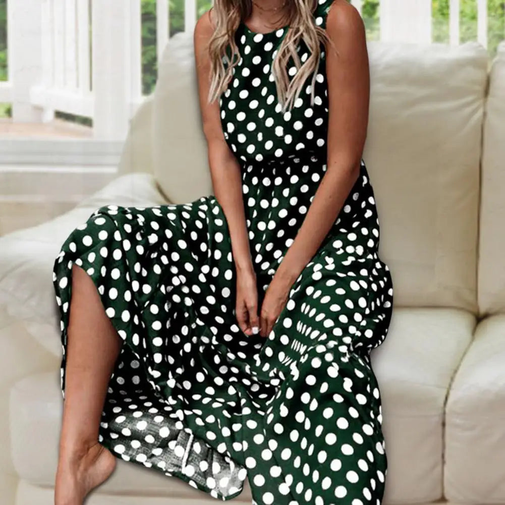Women's Sleeveless Polka Dot Maxi Dress | Relaxed Fit