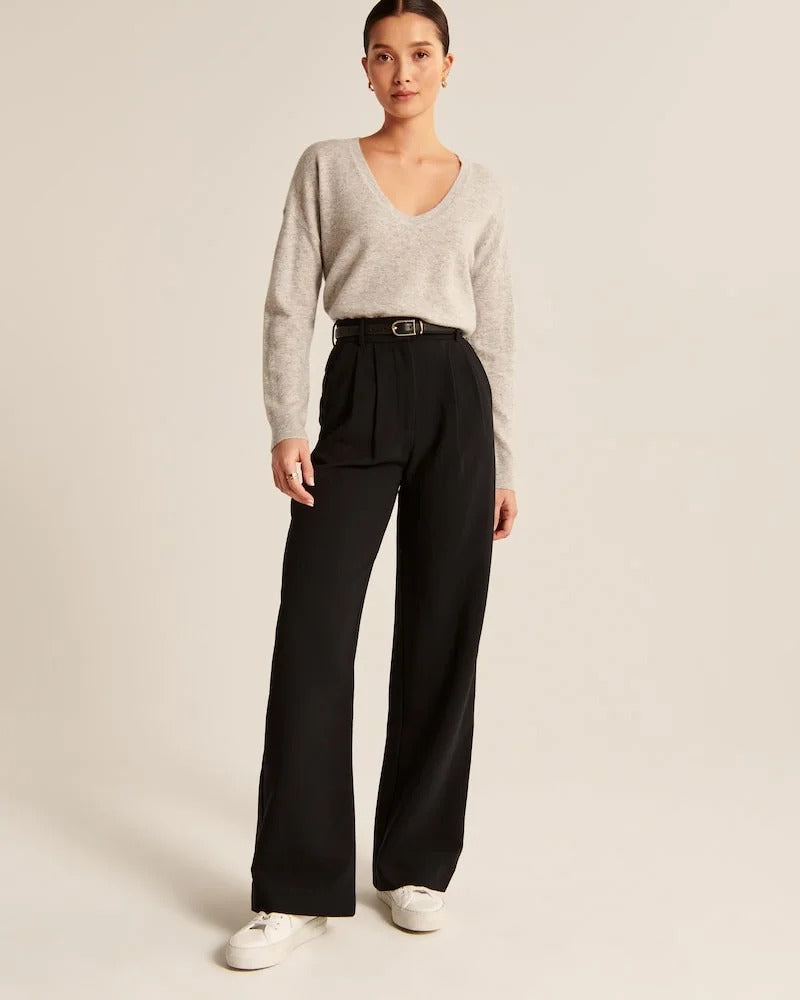 Pleated Wide Leg Trousers with Belt Loops for Women